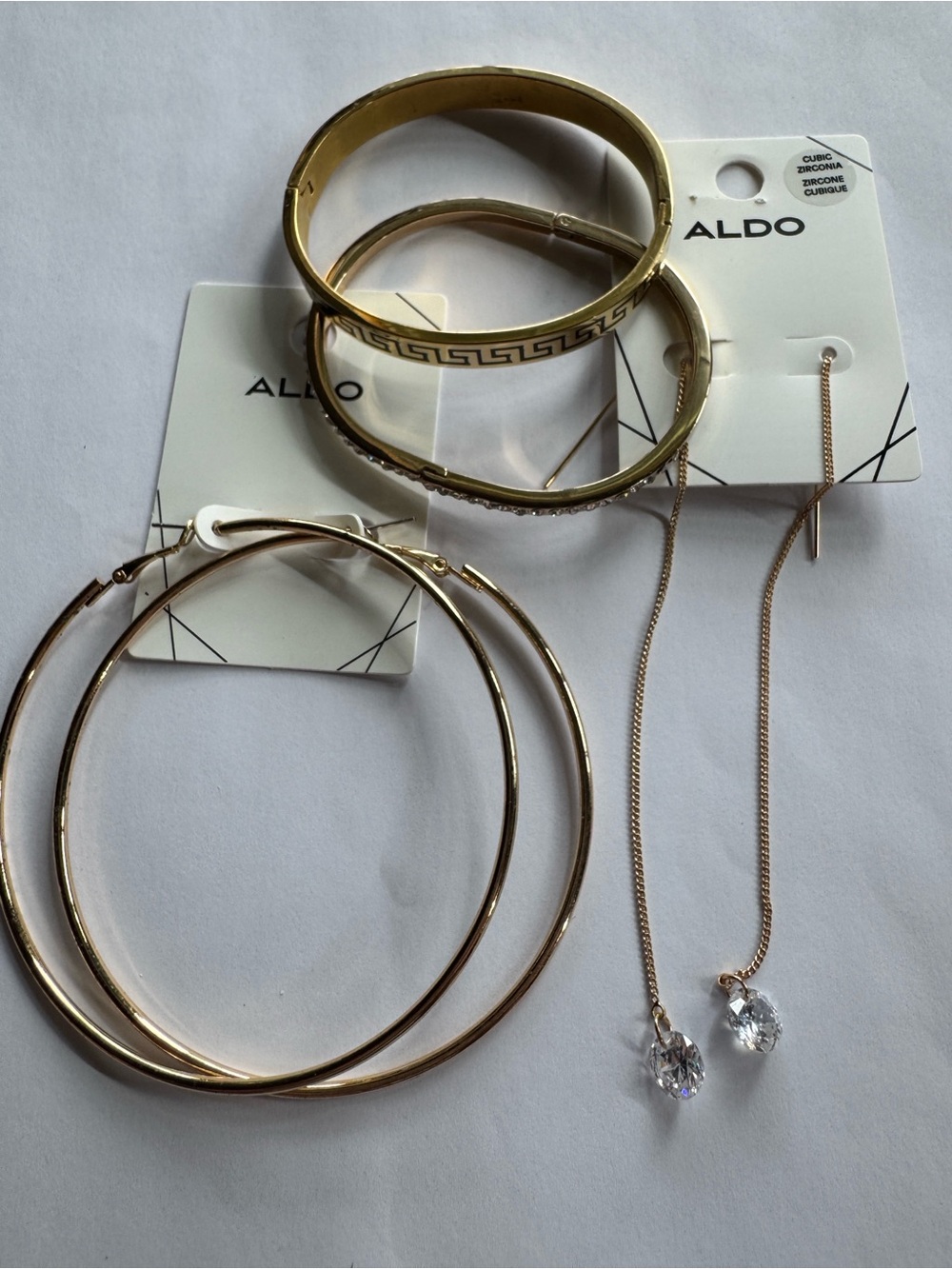 Aldo Gold-Tone Hoop Earrings, Bangle Set & CZ Drop Threaders